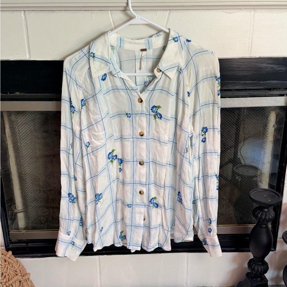 Free People White and Blue Checkered Floral Shirt